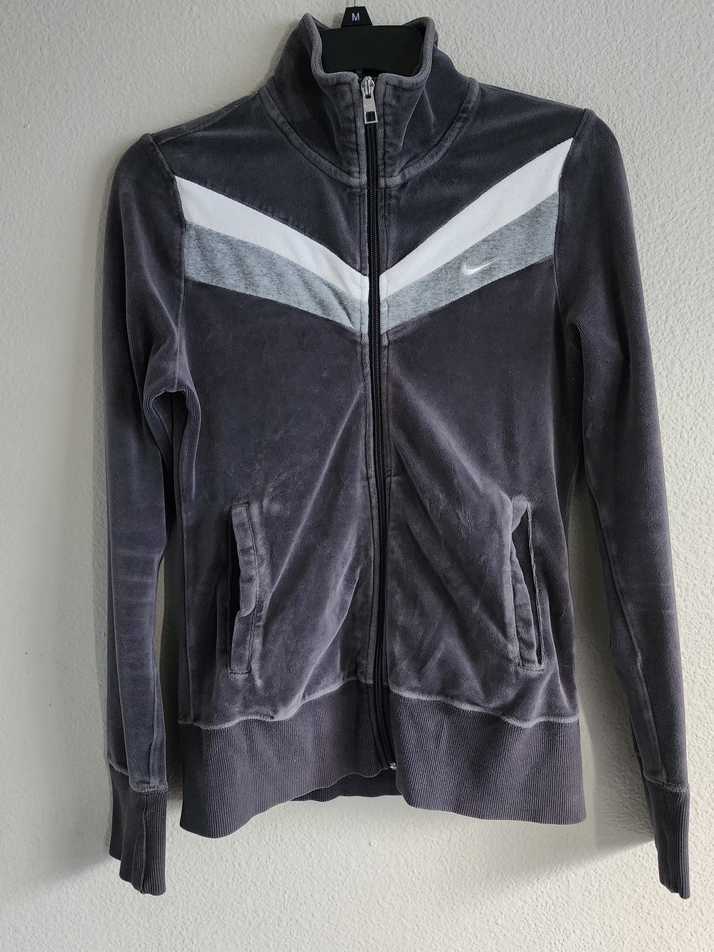 Nike Women's Charcoal Velour Zip-Up Jacket with White Chevron